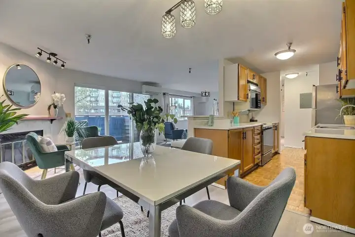 Large open dining space beside kitchen