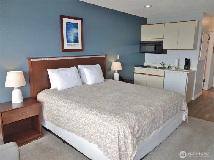 Studio unit w/ king-size bed and kitchenette.