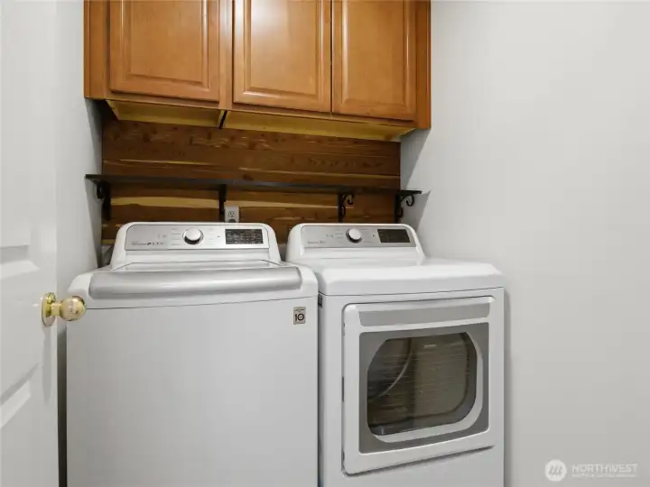 Dedicated laundry space with additional shelving and cabinetry helps keep everyday routines organized and efficient. Dedicated laundry space with additional shelving and cabinetry helps keep everyday routines organized and efficient.