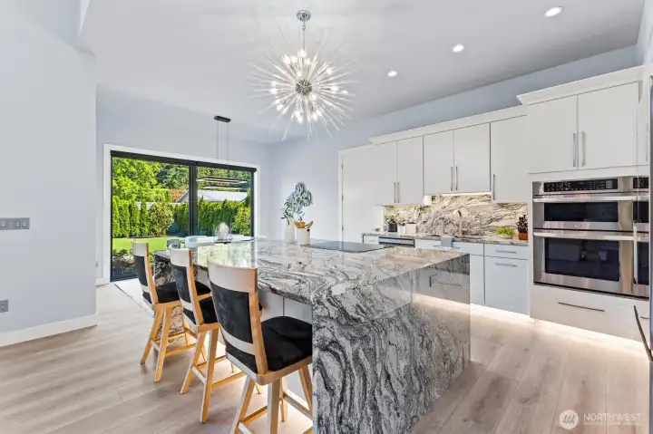 Granite surface tops, waterfalls and back splash.