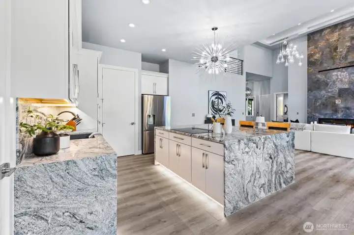 Indirect cabinet base and counter lighting.