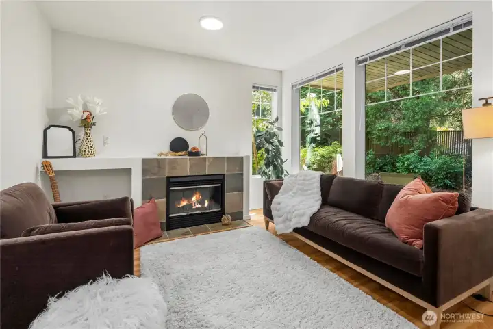 High style living room with a view to the private patio area