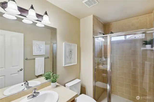Conveniently located  3/4 bath - adjacent to bonus room and one of several bedrooms