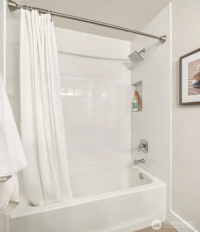 A lavish soaking tub is also offered in the upstairs guest bathroom.