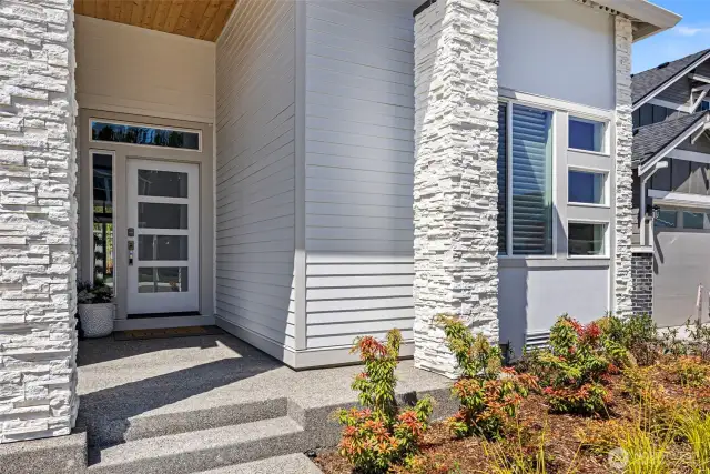 Stacked Stone Columns, Natural Wood Accent Ceiling