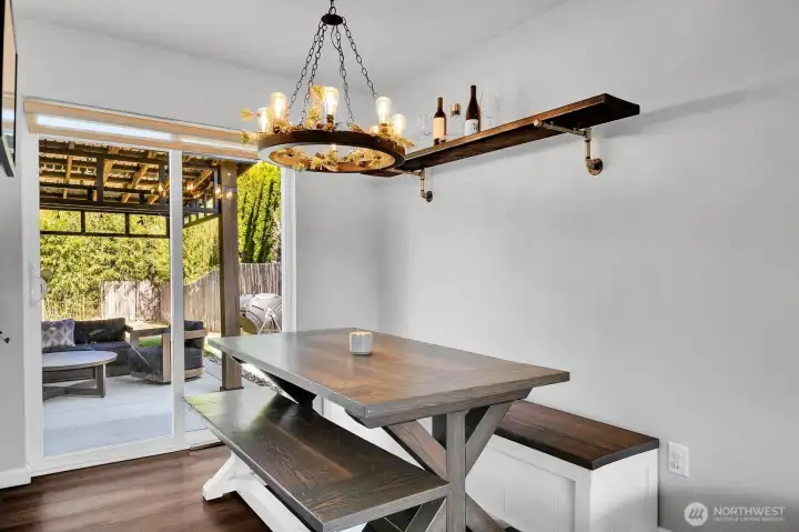 Stylish dining area with modern updates and easy access to the patio.