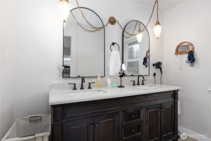 Primary bath freshly plastered and painted walls