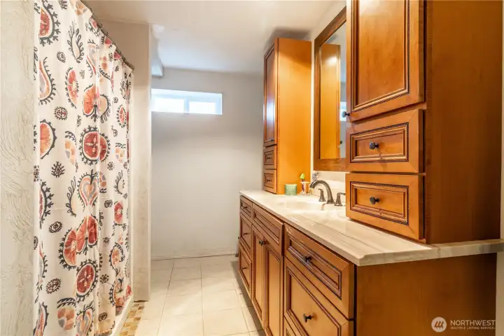 Lower level 3/4 bath -freshly plastered walls