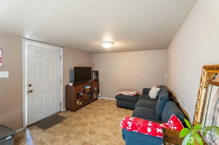 Garage apartment front door and living room