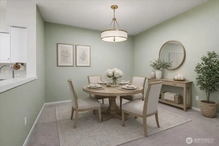 The dining room can easily accommodate a 6 person table.  This photo has been virtually staged.