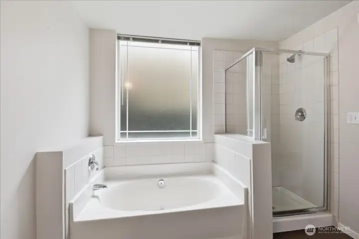 The soaking tub is low profile for easy in and out access.