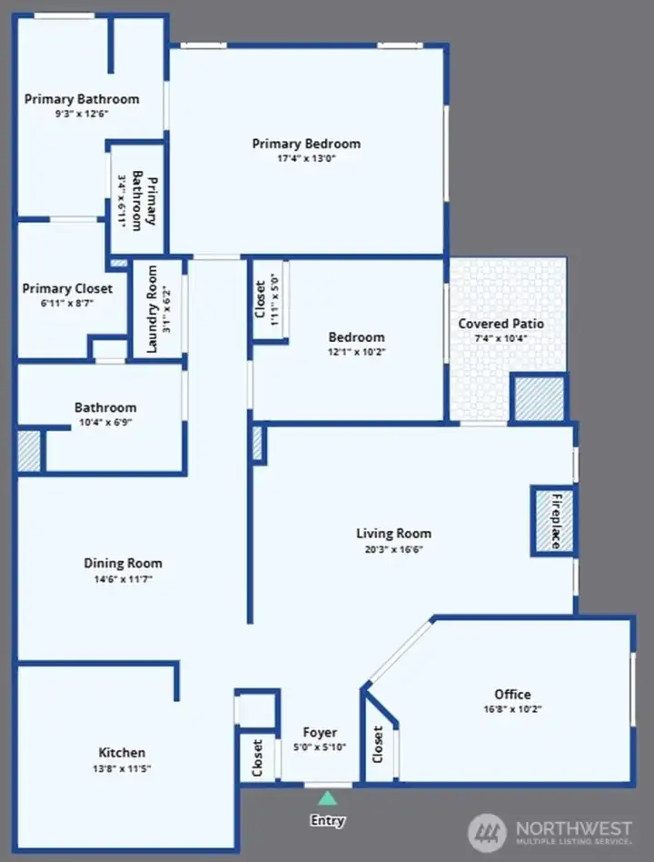 Floor plan.  The third bedroom can also be used as an office.