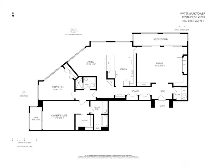 The penthouse plan spans the southern edge of the tower, extending east to west across the building’s uppermost level.