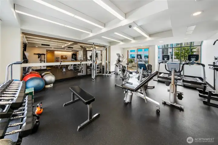 The building’s fitness center offers a well equipped space for daily exercise.