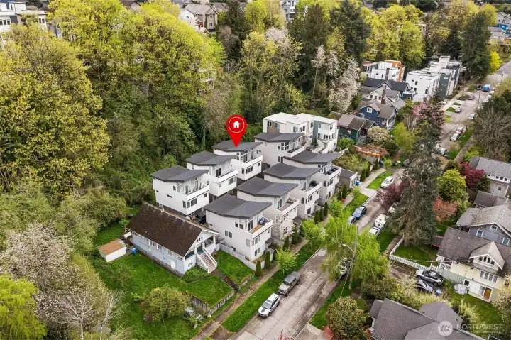 Aerial view showing private location on a quiet dead-end street in Pigeon Point with surrounding residential neighborhood and greenbelt backdrop.