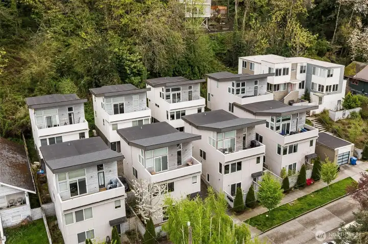 Exterior view of modern multi-level homes at Elevation 22 community with contemporary architecture and clustered layout.