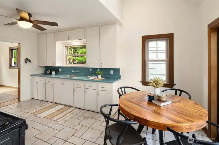 Two skylights are in vaulted portion of kitchen.