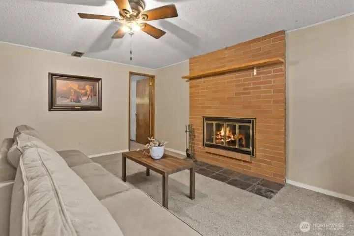Basement room with fireplace