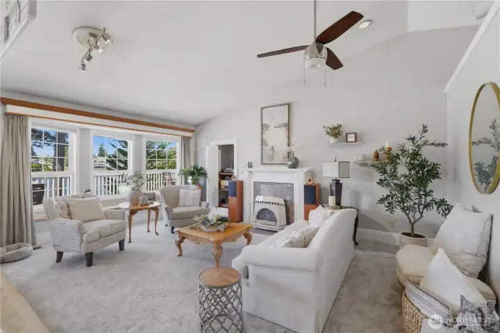 Large open spaces off of kitchen with lots of natural light