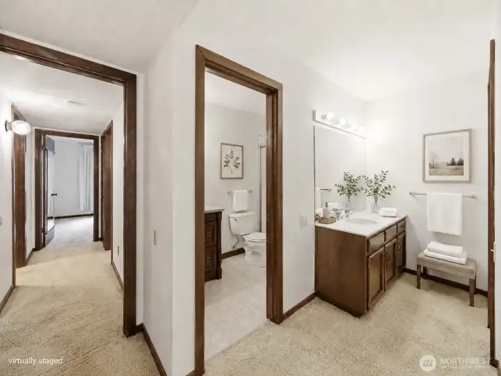 primary bathroom and vanity area