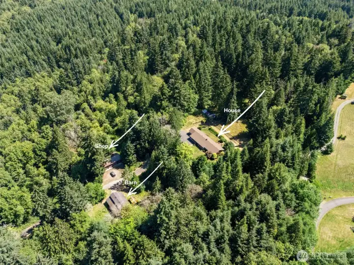Aerial view showcasing the home, barn, shop, outbuildings, and surrounding timberland. Current timber cruise estimates approximately $170,000 in timber value.