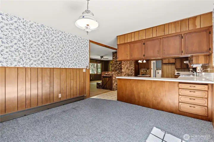 Looking into the kitchen and living room from the dining room.