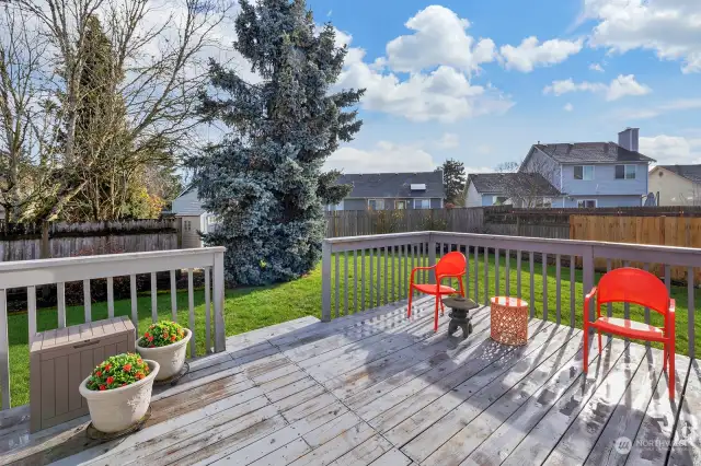 Back deck area off the eating nook area. Room for all your outdoor entertaining. Steps to the level yard and possible garden or play areas.
