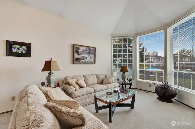 Formal living room with soaring ceilings and 3 large windows that bring in plenty of natural lighting. Great space for entertaining.