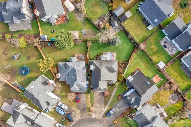 Aerial view of the home as you enter into the cul de sac.