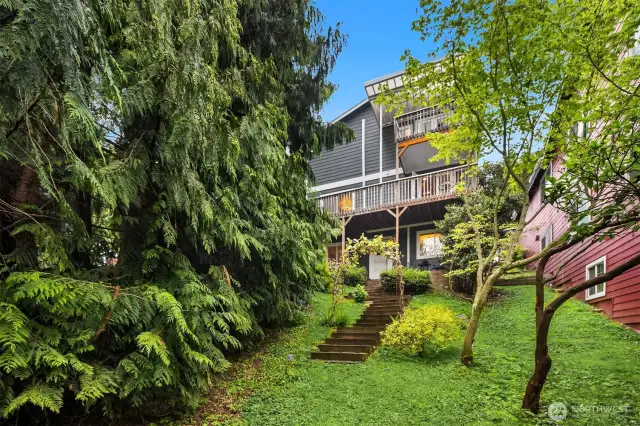 Step through a vine-covered archway into your private outdoor paradise. This 7,827 sq ft space offers unparalleled privacy and a garden-like, whimsical atmosphere.