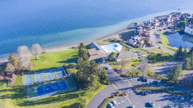 A view of some of the many amenities that come with the condo purchase, including pickleball, tennis, gym, swimming, Port Ludlow Inn & Fireside Restaurant and clubhouse where many events take place.