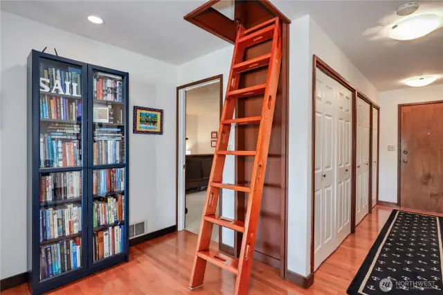 The captains' ladder slants outward when you want to access the loft space and extra bonus room above.
