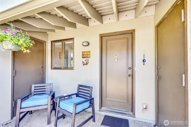 There are no steps and no stairs into this one-level condo. Note there are small storage areas on either side of the front door.  A larger storage room comes with this condo, it's about 8' x 12" and located under building 12.