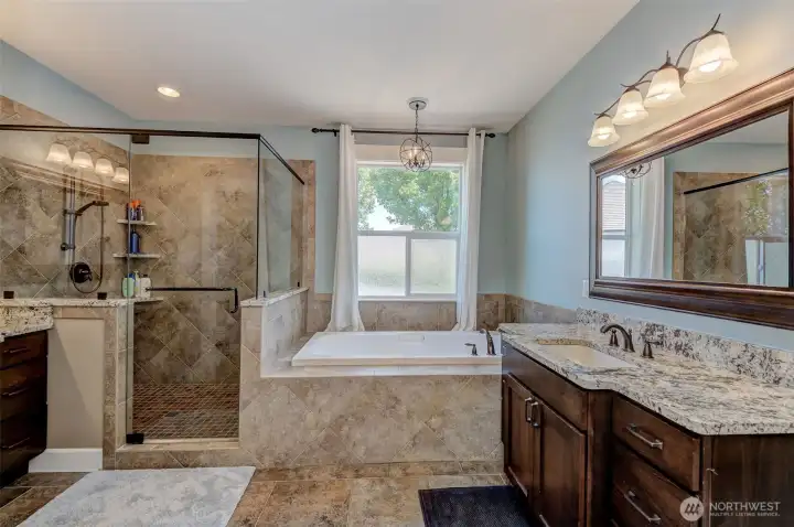 Five piece primary bath, with dual vanity's and gorgeous shower and tub!