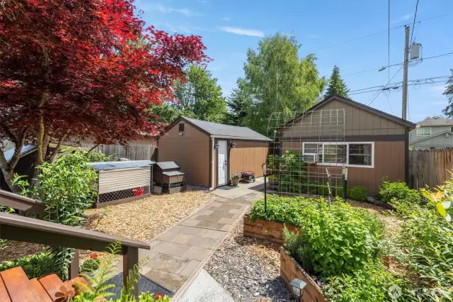Back Yard view of Garage and Bonus Finished Outbuilding