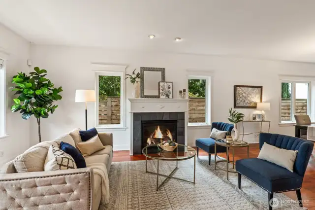 Living room with gas fireplace.