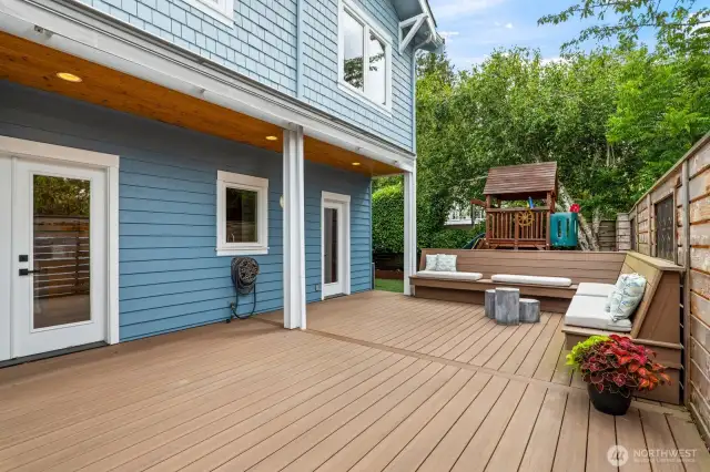 Custom composite deck with built-in bench seating.