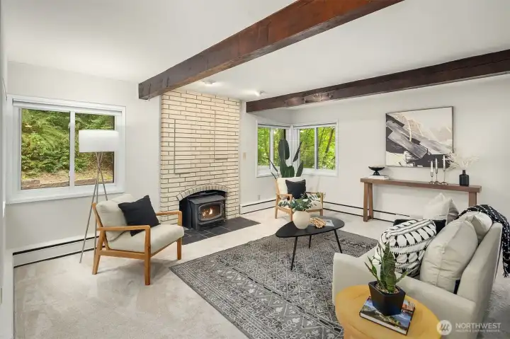 Living room with wood burning stove.