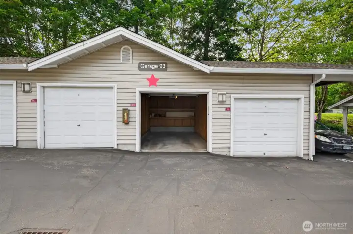 Dedicated garage (#93) located across from parking spot