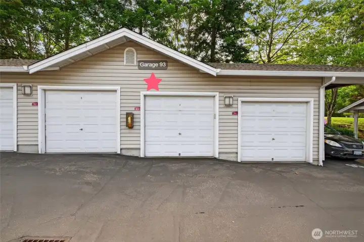 Dedicated garage (#93) located across from parking spot