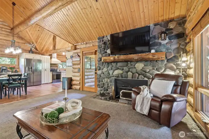 Soaring river rock fireplace