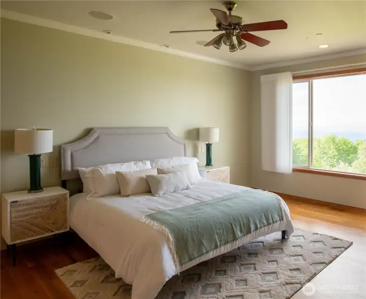 Main Floor Primary Bedroom Suite, with incredible views and a cozy fireplace.