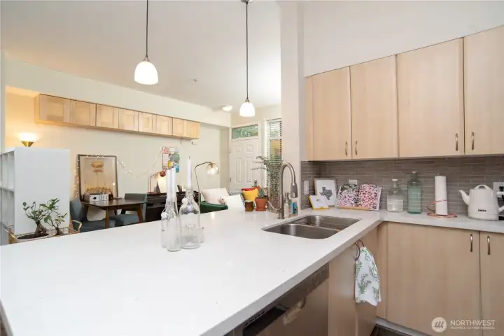 Kitchen with view to the main entrance