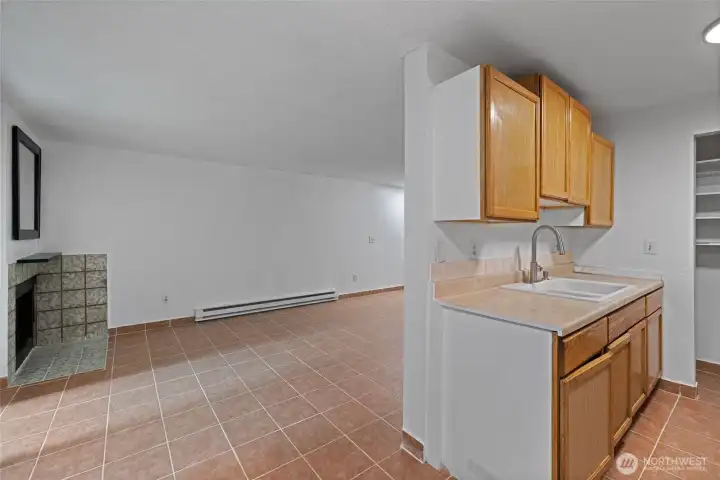 You can see the fireplace while your seated at the kitchen table
