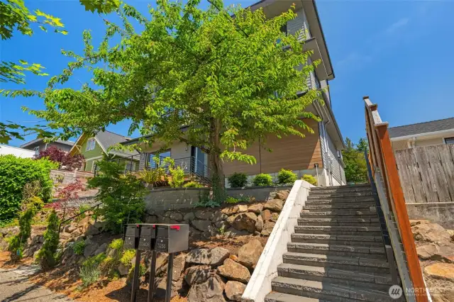 Park on 32nd West and walk up stairs to the middle home.