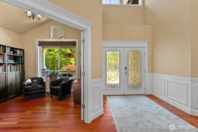 fCustom french doors at entrance  with frosted, cut glass. French door at office