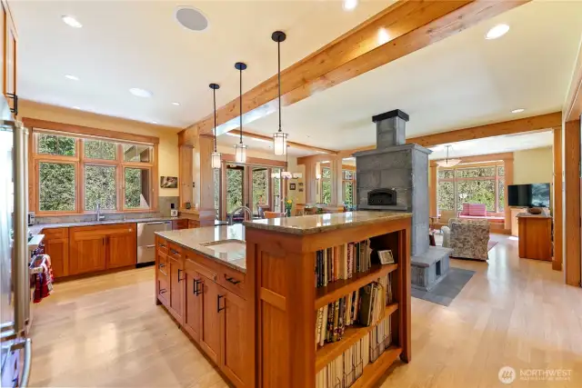 Chef’s kitchen with Wolf range, cherry cabinets, and granite countertops.