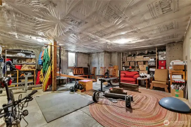 1,310 SF unfinished basement with high ceilings, storage, and wine nook.