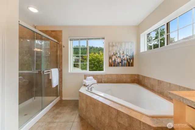 Primary bath with soaking tub.