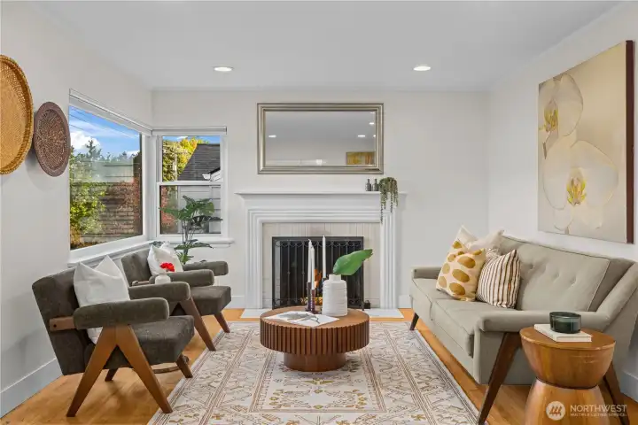 Living room with gas burning fireplace